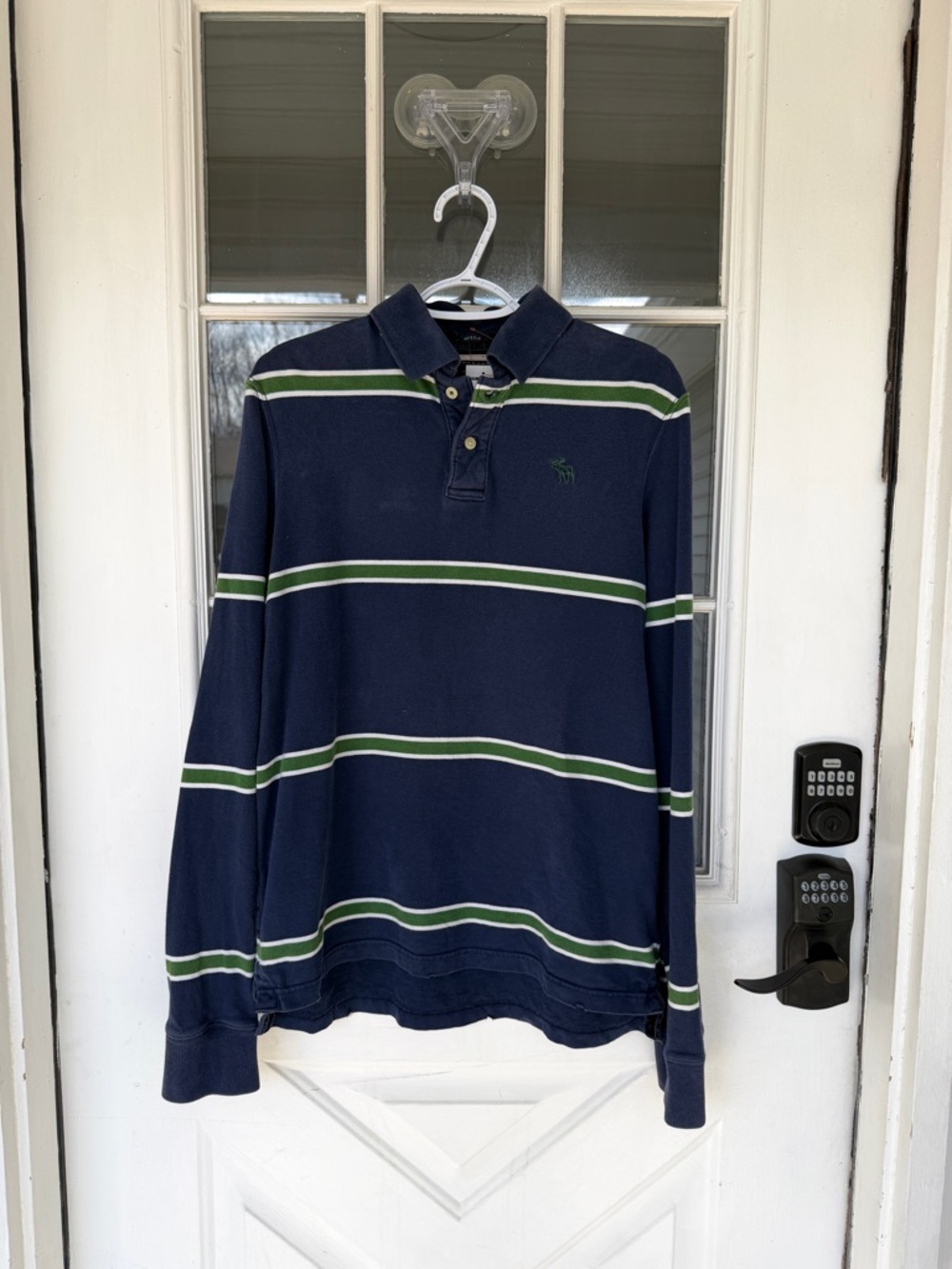 L VINTAGE ABERCROMBIE FITCH BEAUTIFUL RUGBY POLO NAVY w/ GREEN STRIPES
